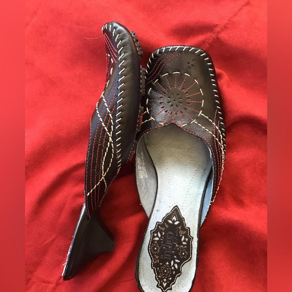 Indigo by Clark’s leather gothic boho mules whipstitch folk floral /kitten heel - Picture 9 of 10